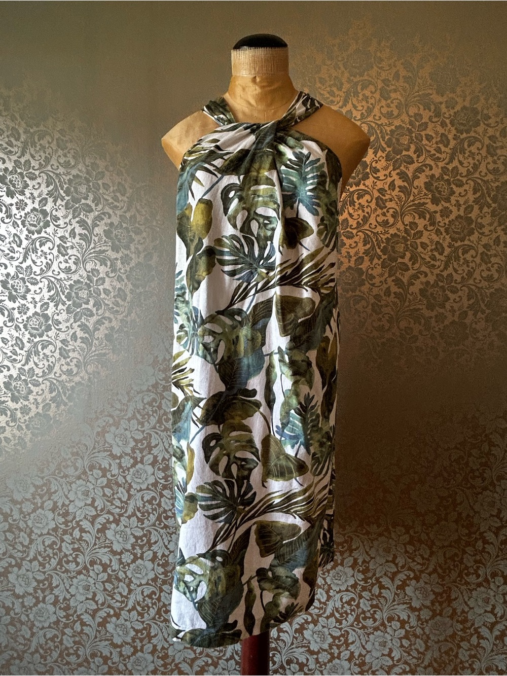 Linen Blend Tommy Bahama Tropical Monstera Leaf Halter Dress Size Large